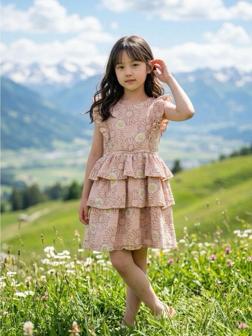 Pink Daisy Tiered Ruffle Dress for Girls